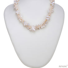 Load image into Gallery viewer, empress white AAA grade cultured fresh water biwa pearls and semi round pearls necklace, 3 string intertwined design, suitable for any formal attire, afternoons or evenings out.
