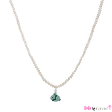 Load image into Gallery viewer, Sterling Silver Bunny Rabbit pendant in light and dark green on a delicate string of tiny white freshwater pearls. Set with a sterling silver fastening and adjustable chain of 2" to increase length to 16".