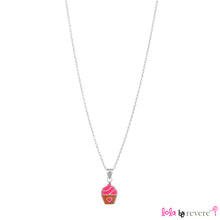 Load image into Gallery viewer, Sterling silver pendant in pink and brown cupcake design on a delicate sterling silver chain for little girls. Measures 14" with an adjustable chain of 2" to increase length to 16".