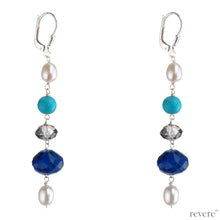 Load image into Gallery viewer, Mediterranean earrings feature a delicate design in sterling silver stringing together freshwater pearls with turquoise howlite, glass crystal and gemstone lapis lazuli. An elegant accessory for anytime wear.
