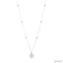 Load image into Gallery viewer, "Shatkona" is a yantra symbol that represents the union of the male and feminine form. This design features a hexagram yantra sterling silver pendant and chain scattered with freshwater white pearls.