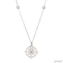 Load image into Gallery viewer, "Shatkona" is a yantra symbol that represents the union of the male and feminine form. This design features a hexagram yantra sterling silver pendant and chain scattered with freshwater white pearls.