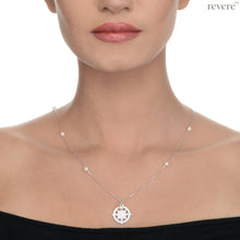 Load image into Gallery viewer, "Shatkona" is a yantra symbol that represents the union of the male and feminine form. This design features a hexagram yantra sterling silver pendant and chain scattered with freshwater white pearls.