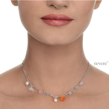 Load image into Gallery viewer, Felicity features drops of pearl, crystal, rose quartz, apatite, green aventurine, cornaline on sterling silver with an extendable chain, rhodium plated.