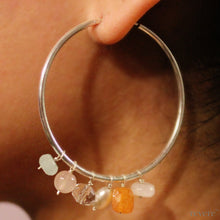 Load image into Gallery viewer, "Freida" earrings feature sterling silver hoops with drops of pearl, crystal, gemstones-rose quartz, aventurine and cornaline.