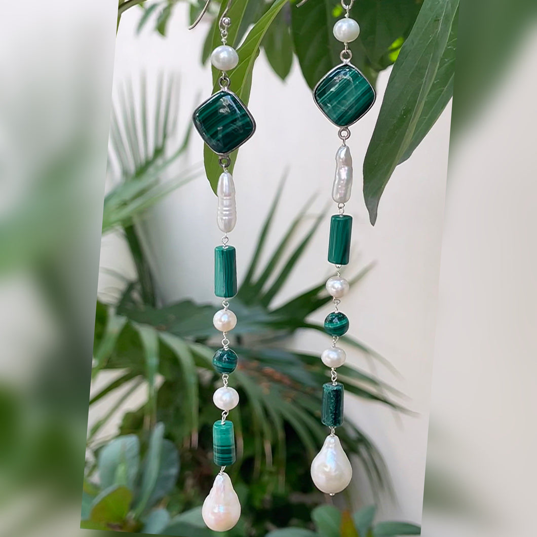 Mitali earrings | Malachite | Pearl | Sterling silver