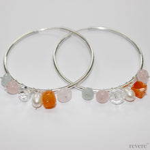 Load image into Gallery viewer, "Freida" earrings feature sterling silver hoops with drops of pearl, crystal, gemstones-rose quartz, aventurine and cornaline.