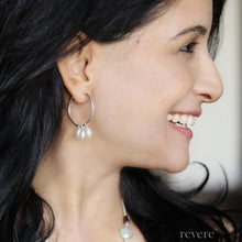 Load image into Gallery viewer, These dainty silver hoop earrings are embellished with freshwater white pearls. Wear them to work or party!