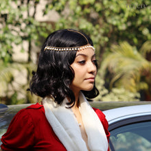 Load image into Gallery viewer, "Cleo" head band.. features beautiful white freshwater pearls decorated on a sterling silver chain with 18k gold plating..the Cleopatra look to go with Indian and Western attires.
