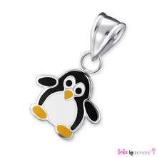 Load image into Gallery viewer, Children's silver penguin pendant delicately suspended on a string of black,yellow and white glass crystals.