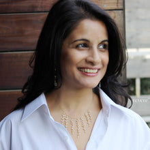 Load image into Gallery viewer, "Kamaa" features small yet delicate white freshwater pearl clusters inter-woven with links of 18k gold plated sterling silver on a sterling silver chain also with 18k gold plating. Poetic in disposition with a luxurious feel. Goes well with our Moksha earrings.