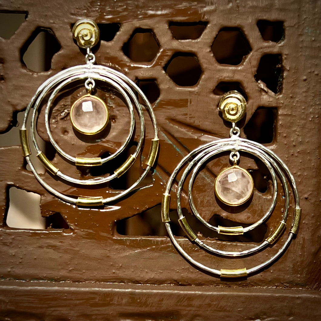 Rose Enigma Hoop Earrings | Rose Quartz | Two-Tone Sterling Silver