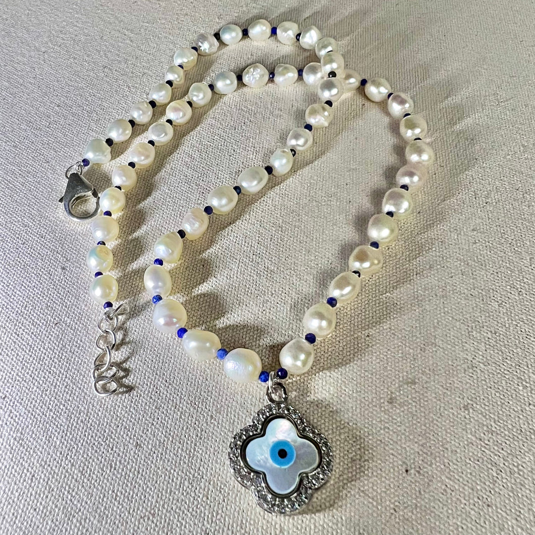 Guardian Clover Necklace | Evil eye | MOP | Pearl | Lapis Lazuli | CZ