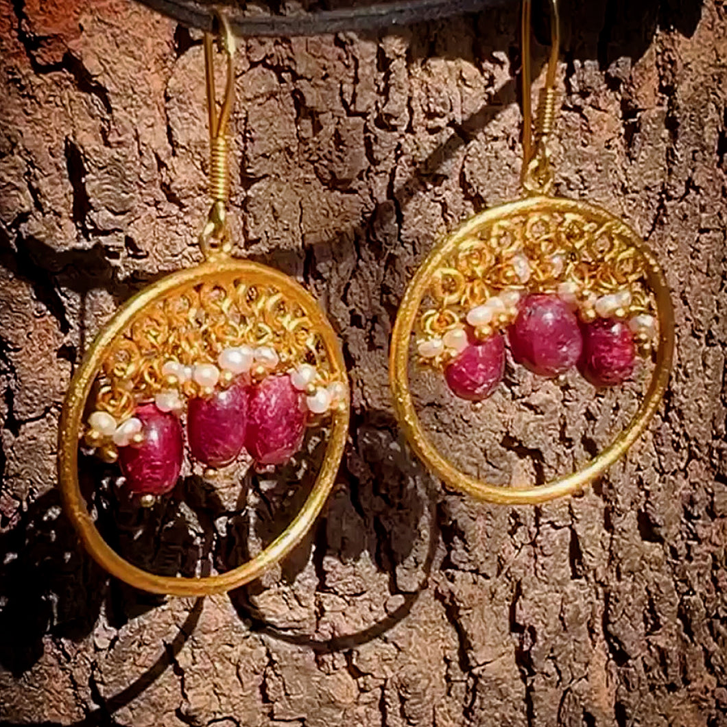 Sanguine Earrings | Natural Ruby | Pearl | 18ct Gold plated Silver