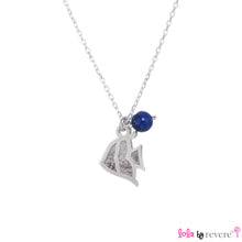 Load image into Gallery viewer, Sterling Silver Chain with two overlapping delicate fish on a sterling silver pendant embellished with small freshwater white pearls and lapis lazuli representing the colours of the sea. The chain measures 14&quot; with an adjustable chain of 1&quot; to increase length to 15&quot;.
