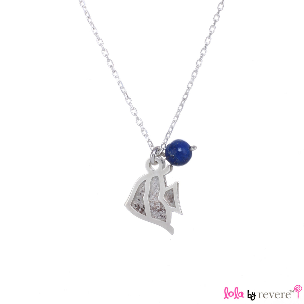 Sterling Silver Chain with two overlapping delicate fish on a sterling silver pendant embellished with small freshwater white pearls and lapis lazuli representing the colours of the sea. The chain measures 14