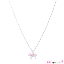 Load image into Gallery viewer, &quot;Eternia&quot; is a name given to your etermal friend - the unicorn. This piece features a sterling silver pendant in a light pink and dark pink Unicorn design on a delicate sterling silver for little girls.
