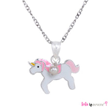 Load image into Gallery viewer, &quot;Eternia&quot; is a name given to your etermal friend - the unicorn. This piece features a sterling silver pendant in a light pink and dark pink Unicorn design on a delicate sterling silver for little girls.
