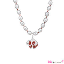 Load image into Gallery viewer, White pearls handknotted in red thread to perfectly compliment the red and white sheep pendant in sterling silver. Measures 14&quot; with an adjustable chain of 2&quot; to increase length to 16&quot;. Pretty and fun!
