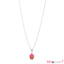 Load image into Gallery viewer, Sterling silver pendant in pink and brown cupcake design on a delicate sterling silver chain for little girls. Measures 14&quot; with an adjustable chain of 2&quot; to increase length to 16&quot;. 
