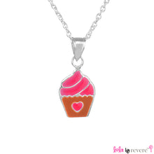 Load image into Gallery viewer, Sterling silver pendant in pink and brown cupcake design on a delicate sterling silver chain for little girls. Measures 14&quot; with an adjustable chain of 2&quot; to increase length to 16&quot;. 
