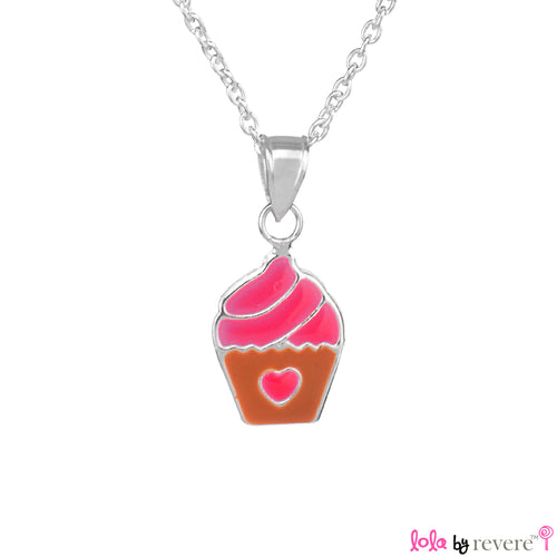 Sterling silver pendant in pink and brown cupcake design on a delicate sterling silver chain for little girls. Measures 14