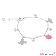 Load image into Gallery viewer, A sterling silver charm bracelet with white pearls, minnie mouse and a pink heart. Some girls get to have all the fun!Measures 6&quot; with an adjustable chain of 1&quot; to increase length to 7&quot;. 
