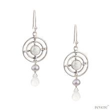 Load image into Gallery viewer, Exquisite earring embellished with rainbow moonstone circumscribing in sterling silver concentric circles with grey freshwater pearl and chalcedony delicately suspended.

