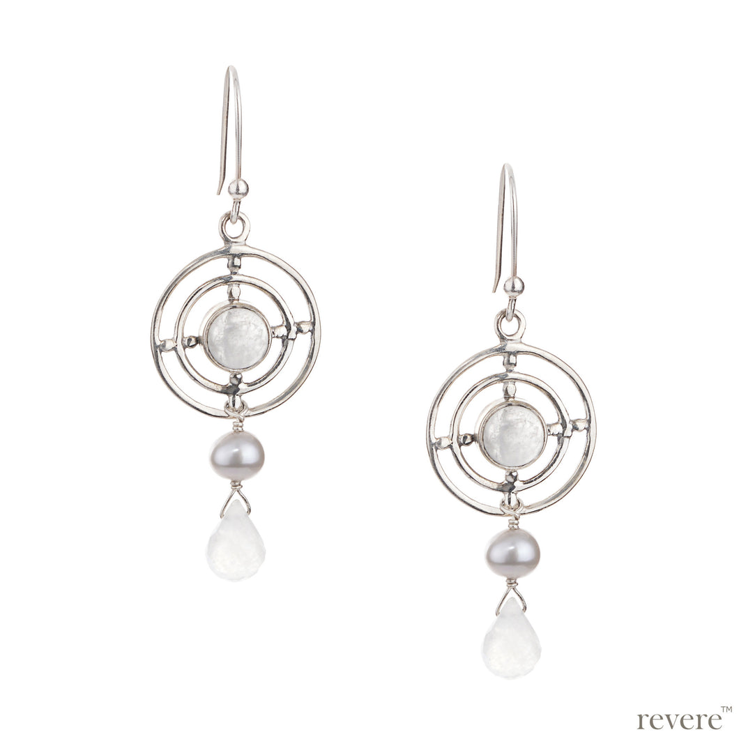 Exquisite earring embellished with rainbow moonstone circumscribing in sterling silver concentric circles with grey freshwater pearl and chalcedony delicately suspended.