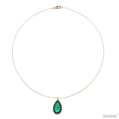 Vivid necklace is a beautiful green onyx pendant embellished with CZ stones delicately suspended on a gold plated sterling silver chain.