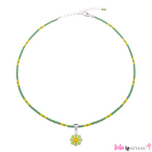 Load image into Gallery viewer, Children&#39;s silver daisy pendant delicately suspended from a string of green and yellow glass crystals with an adjustable in sterling silver.
