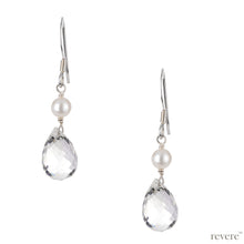 Load image into Gallery viewer, Earrings features stunning white freshwater pearl earrings with shimmering clear crystal quartz drop embellishment set in sterling silver.
