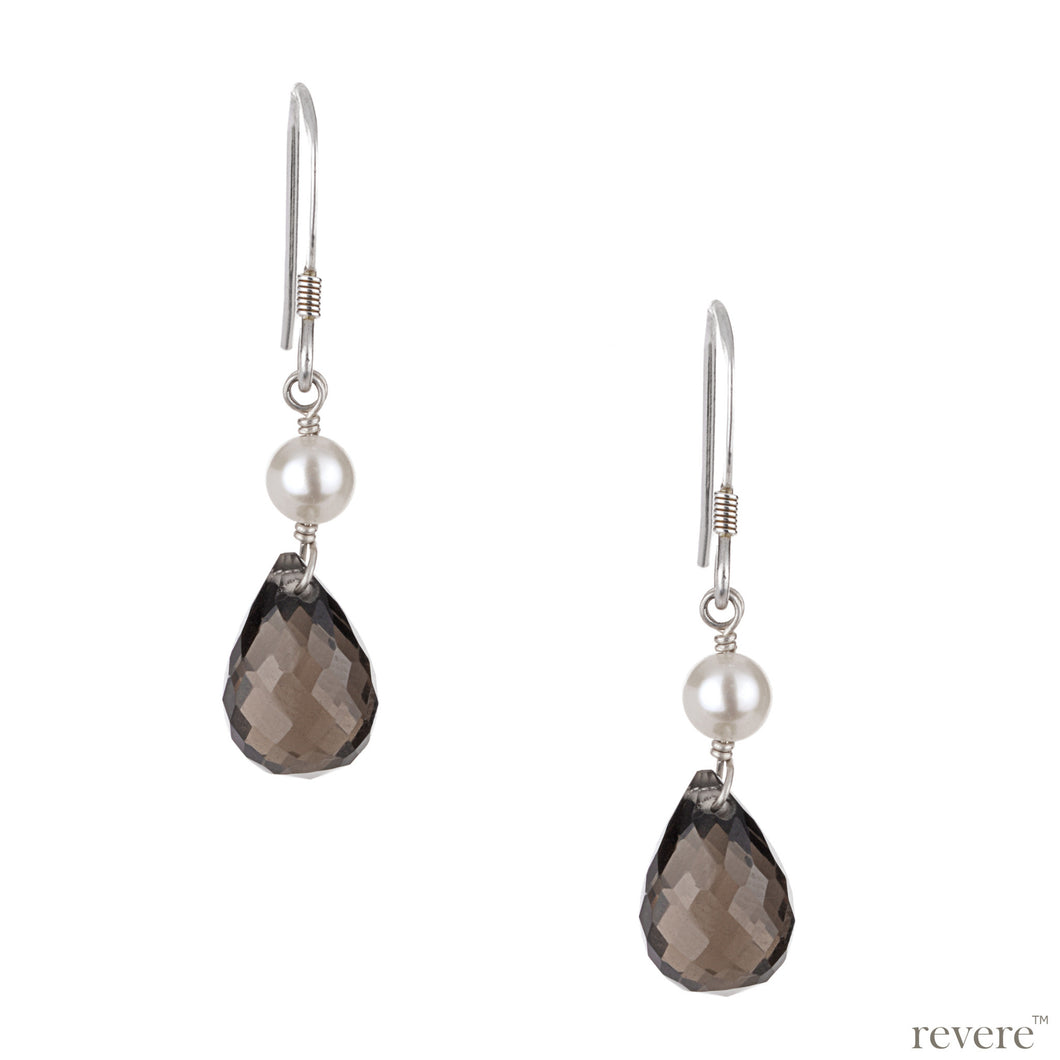Featuring sterling silver earrings with faceted smoky topaz tear drop and white freshwater pearl.