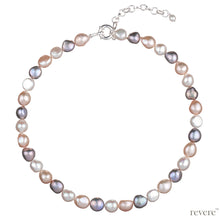 Load image into Gallery viewer, Peaches is a lovely hand-knotted baroque pearl necklace with a light pastel palette. It comes with a 2&quot; sterling silver adjustable.
