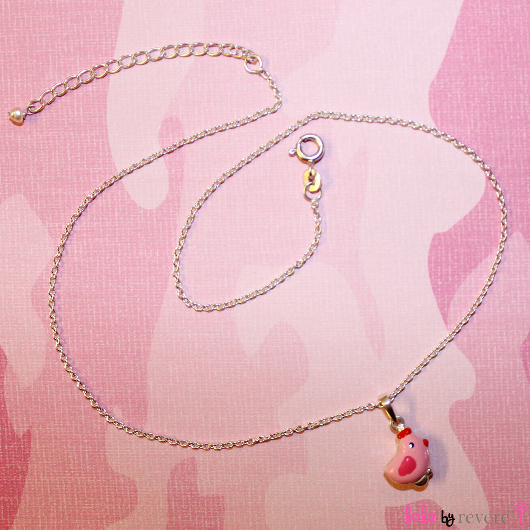 Sterling silver pink chick pendant on a sterling silver chain measuring 14
