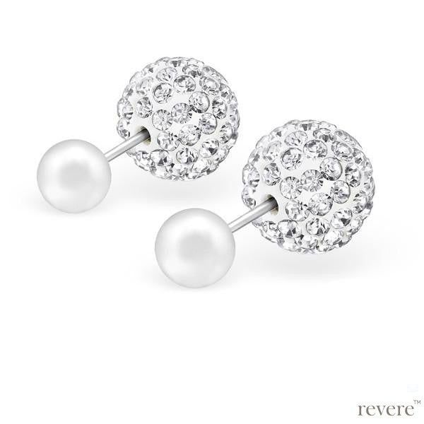 Sterling silver studs encrusted with crystal and on the other side and elegant freshwater pearl. Wear it with either side on the front. 
