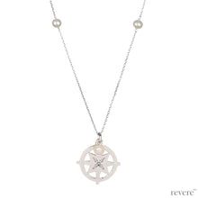 Load image into Gallery viewer, &quot;Shatkona&quot; is a yantra symbol that represents the union of the male and feminine form. This design features a hexagram yantra sterling silver pendant and chain scattered with freshwater white pearls.
