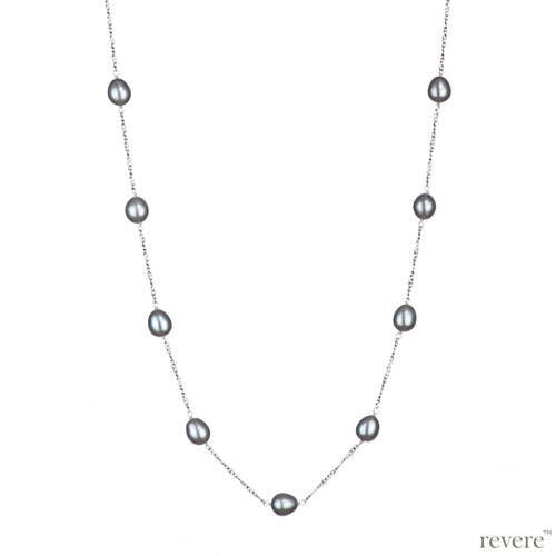 Exquisite grey freshwater pearls scattered on a sterling silver chainwith rhodium plating. 