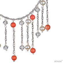Load image into Gallery viewer, Taiwanese Coral, pearl and crystal on a sterling silver chain with rhodium plating, with an extendable chain of 2&quot;.
