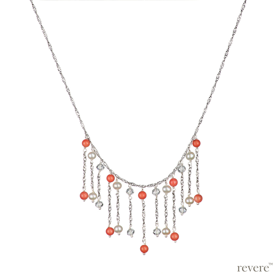 Taiwanese Coral, pearl and crystal on a sterling silver chain with rhodium plating, with an extendable chain of 2