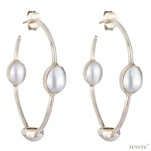 Load image into Gallery viewer, &quot;Dancing Queen&quot; features freshwater white pearl and sterling silver hoop earrings. 
