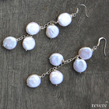 Load image into Gallery viewer, sail earrings in white AAA grade cultured fresh water coin shaped pearl set in sterling silver. Suitable for office wear and for evening dressing

