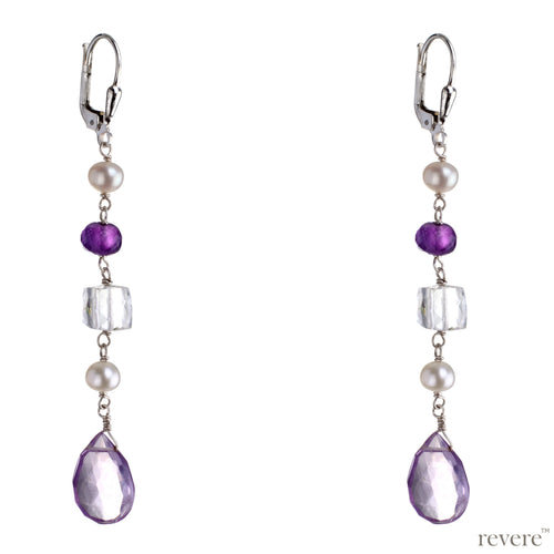 French Summer features amethyst, glass crystal and pearls set in sterling silver earrings. Style with pastels or formals for a subtle stand out look.