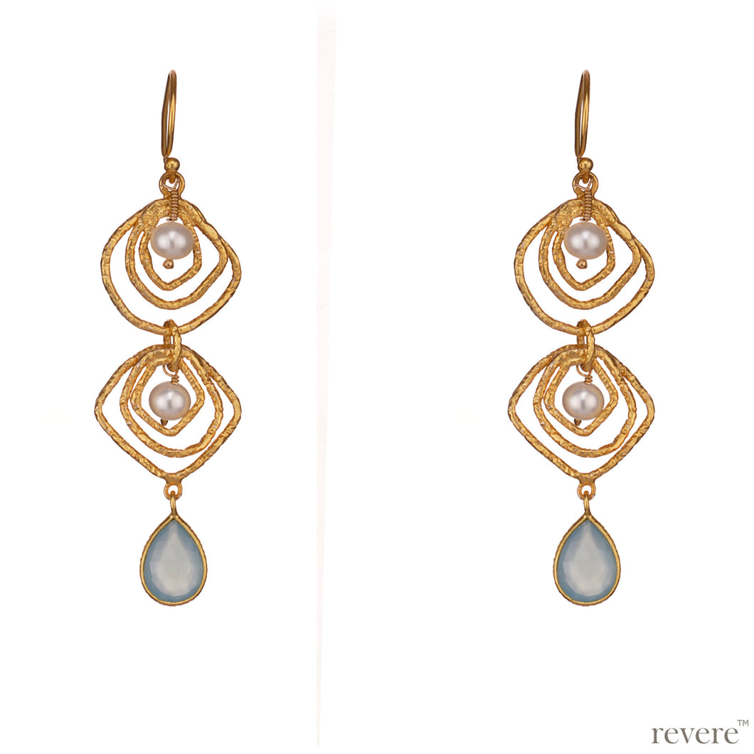 Get this exclusive pair of gold plated sterling silver earrings in an attractive geometric design studded with white freshwater pearl and chalcedony drop that makes them look splendid. Pair them with any of your special occasion outfits and get a unique look.