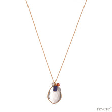 Load image into Gallery viewer, &quot;Motley&quot; necklace features quartz crystal pendant on a gold plated sterling silver chain embellished with white pearl, malachite, lapis lazuli and Taiwanese coral. Pair this with any outfit to look more sensuous.
