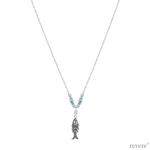 Load image into Gallery viewer, An elegantly hand crafted sterling silver pendant of a fish decorated with pearl and aventurine gemstone on a long sterling silver chain, makes up the &quot;Seine&quot; necklace. 
