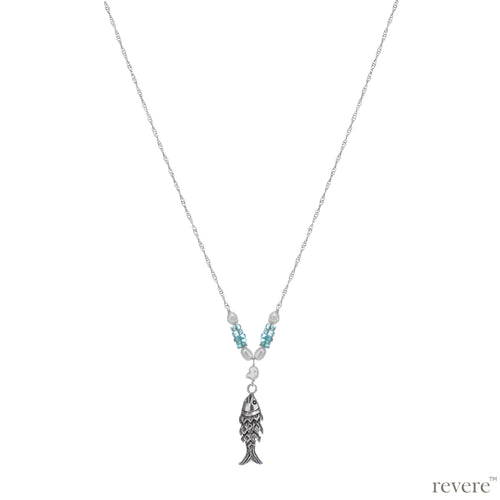 An elegantly hand crafted sterling silver pendant of a fish decorated with pearl and aventurine gemstone on a long sterling silver chain, makes up the 