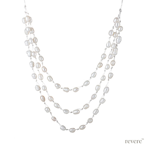 Cherish features three strings of delicate white freshwater pearls beautifully threaded on silver cord and fastened by an alloy clasp. A feel happy, anytime anywhere piece - a bit like Cinderella's glass slipper. 