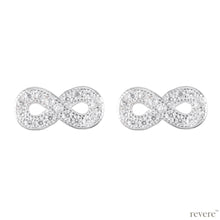 Load image into Gallery viewer, Infinity earrings feature a design which suits everything.. high quality CZ micro set in 925 sterling silver. Always relevant!
