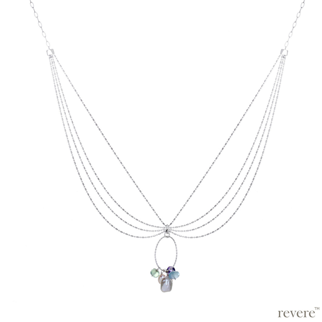 Flora necklace features drops of a plethora of gemstones elegantly decorated on 924 sterling silver with a sterling silver oval loop to show them off!